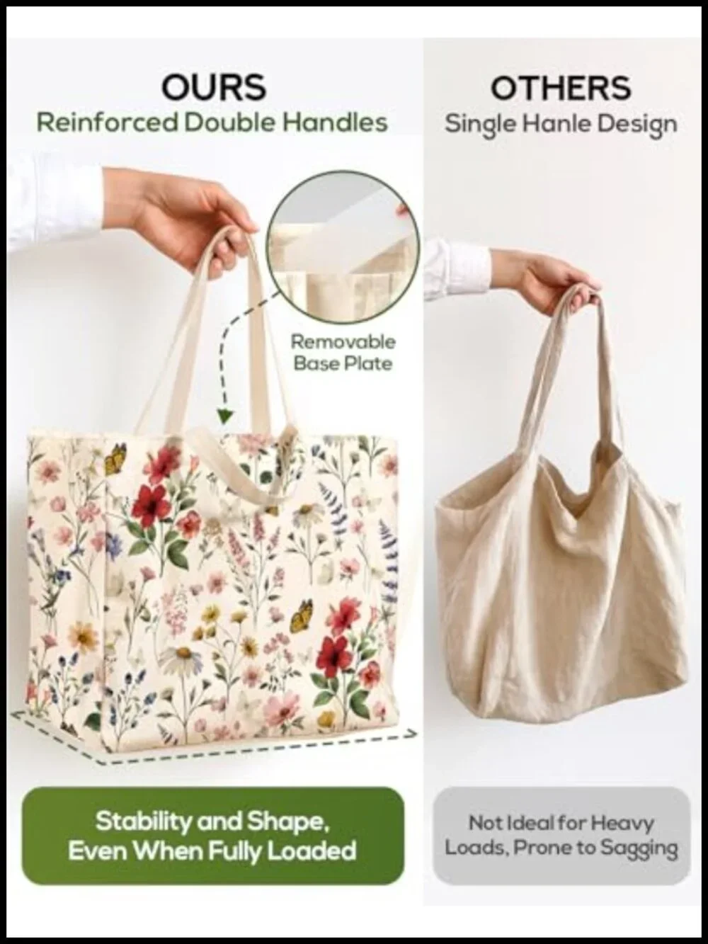 Large Canvas Grocery Tote - Reusable Shopping Bag with 6 Pockets